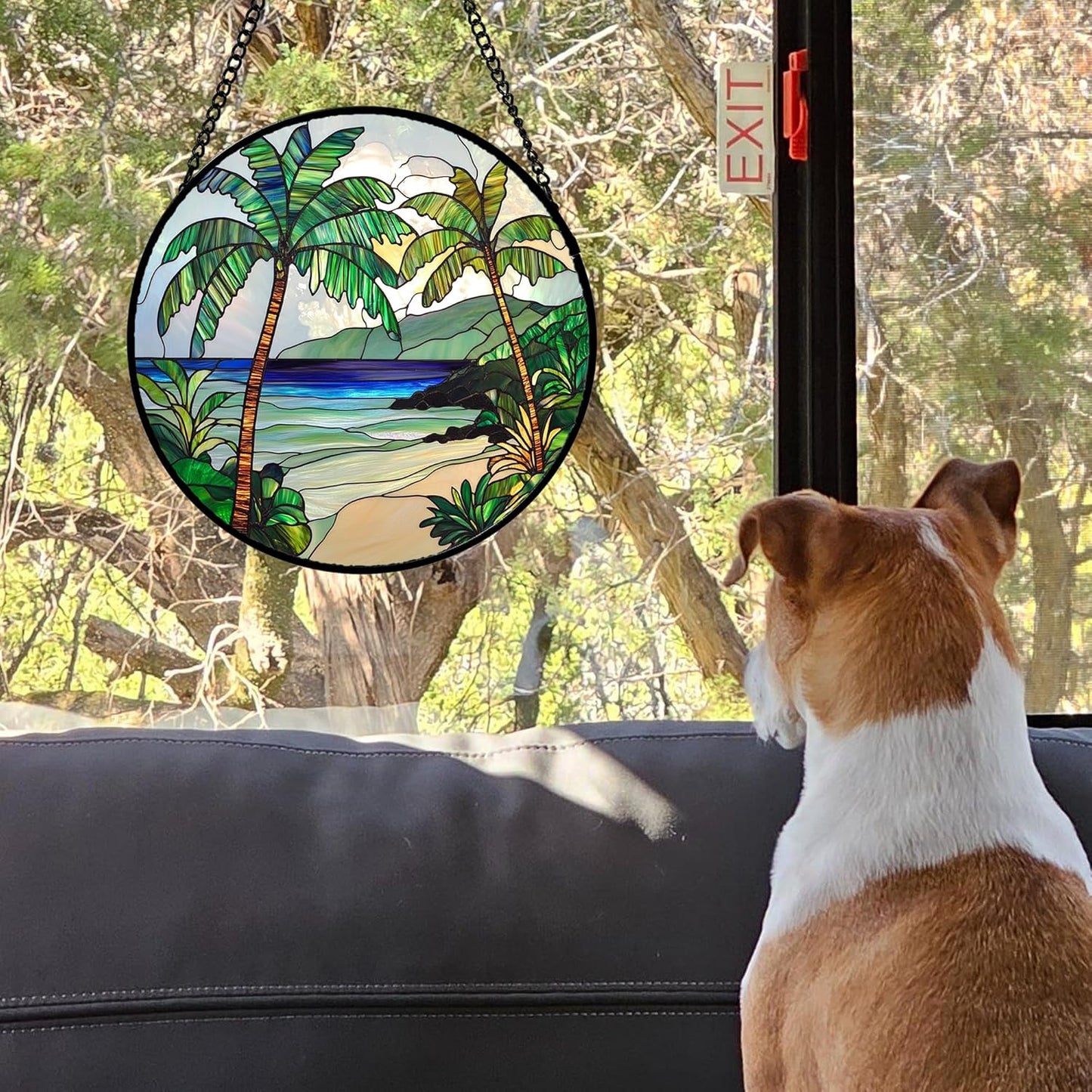 Stained Glass Window Hanging 4 Pcs Set Blue Ocean Coconut Tree Scenery 6.3" - Suncatcher Door Garden Sun Catcher Decor Birthday Christmas for Mom Woman Nana Men