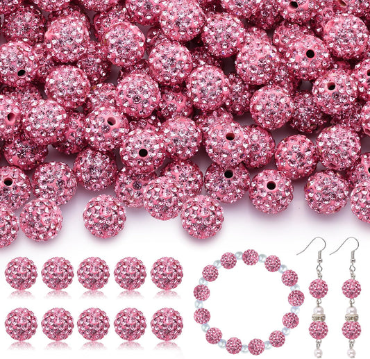 200pcs 10mm Rhinestone Beads for Jewelry Making, Dark Pink Shiny Round Disco Ball Beads Bulk, Sparkle Crystal Clay Christmas for Bracelet Baseball Necklace Earring Crafting and DIY