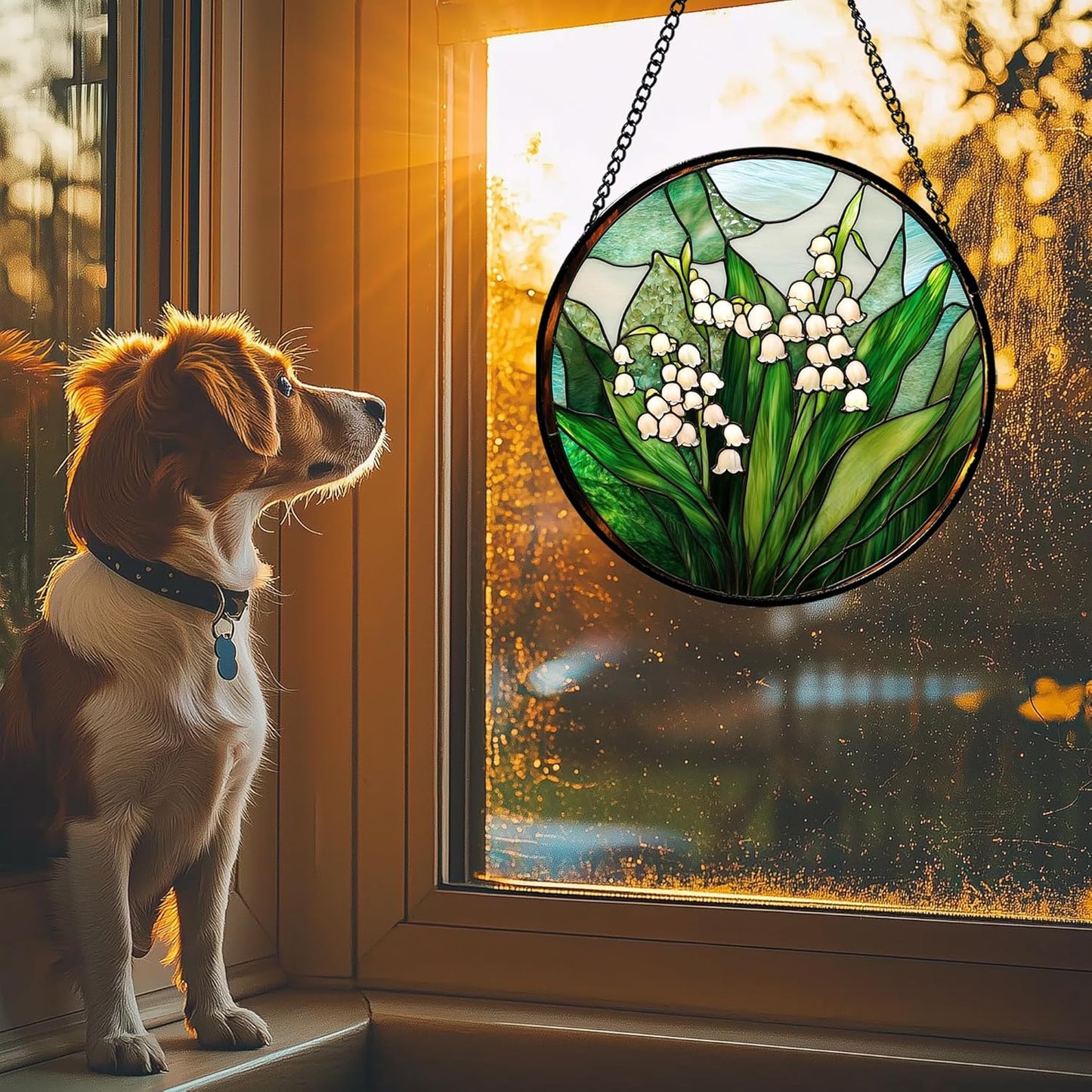 Stained Glass Window Hanging - White Green Lily of The Valley Suncatcher for Doors Garden Terrace Plant Sun Catchers Decor Mother's Day Birthday Flowers Gifts for Women Men Mom 15 in