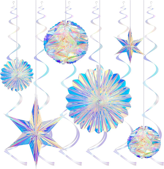 BTSD-home Iridescent Party Decorations with Hanging Honeycomb Ball Decorative Paper Fan Snowflake Garlands Ribbons Disco Party Wedding Birthday Graduation Christmas Celebration Decor Supplies