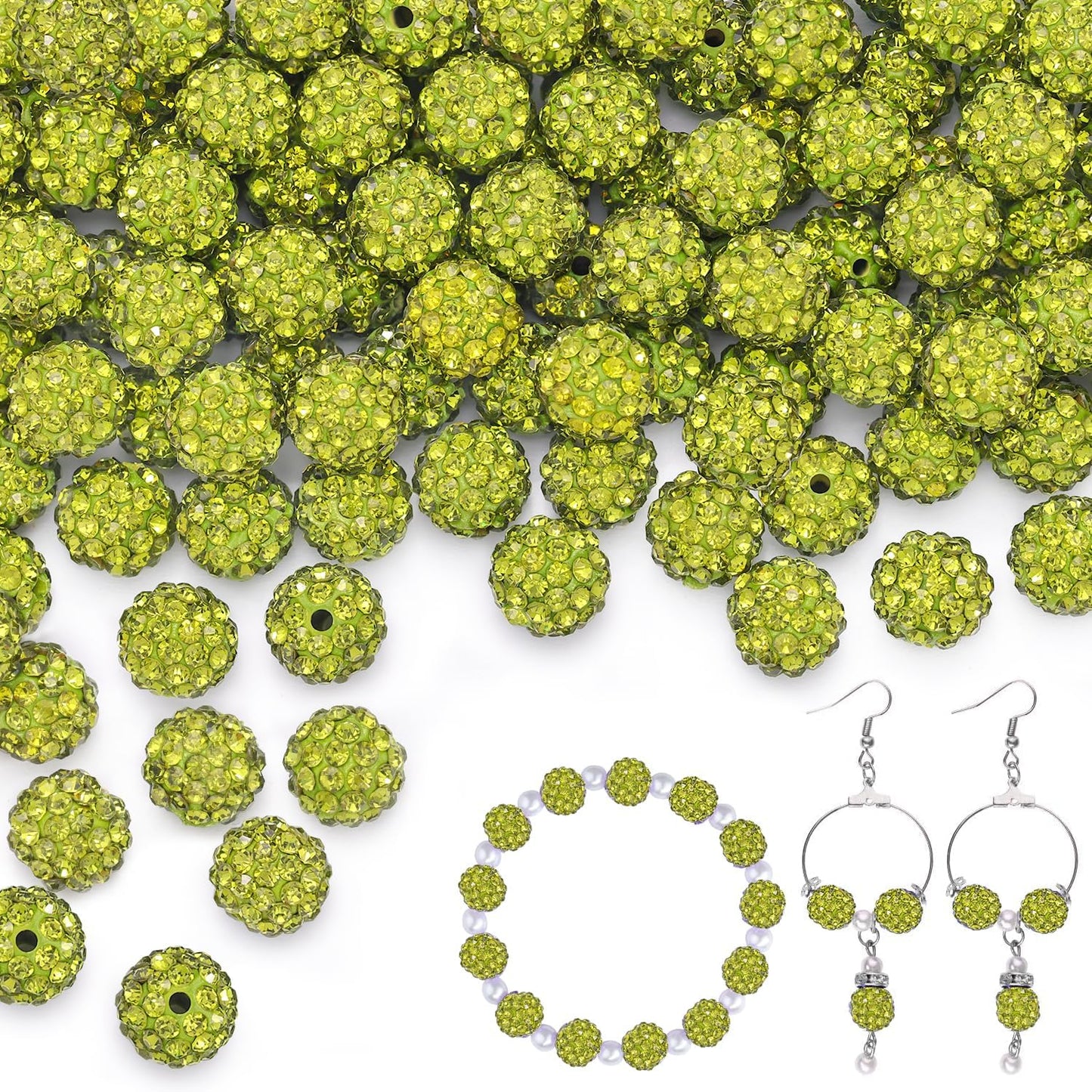 200pcs 10mm Olivine Rhinestone Beads for Jewelry Making, Shiny Round Shamballa Disco Ball Beads Bulk, Sparkle Crystal Clay Christmas for Bracelet Baseball Necklace Earring Crafting and DIY