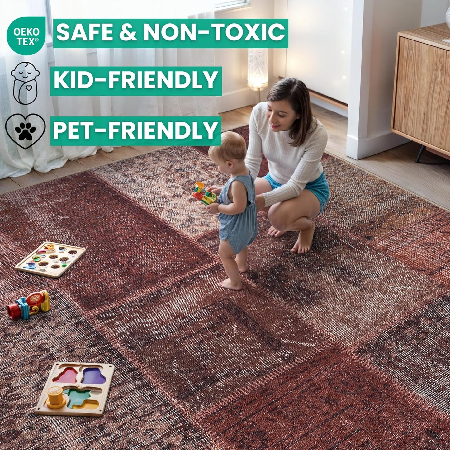 Bloom Rugs Washable Non-Slip 3' x 5' Rug - Red/Brown Traditional Patchwork Area Rug for Living Room, Bedroom, Dining Room, and Kitchen - Exact Size: 3' x 5'