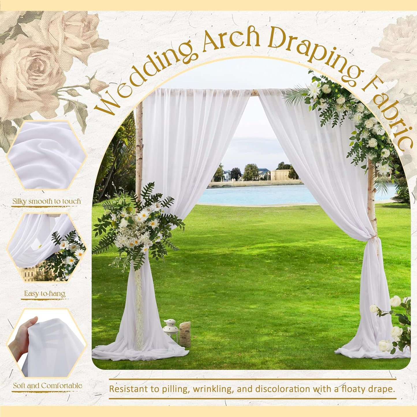 VACVELT Wedding Arch Draping Fabric - White Chiffon, 2 Panels Sheer Drapes, 30 Inch x 20ft Chiffon Backdrop Curtain, Outdoor Sheer Drapery for Ceremony Party Ceiling