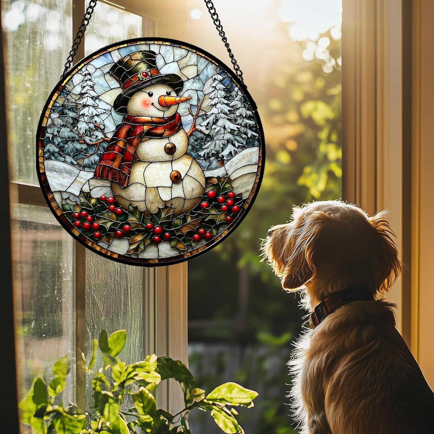 Stained Glass Window Hanging - Christmas Snowman Suncatcher for Door Terrace Garden Home Decor Winter Forest Snow Sun Catcher Birthday Gifts for Lovers Women Men Dad Mom Nana 6.3 in