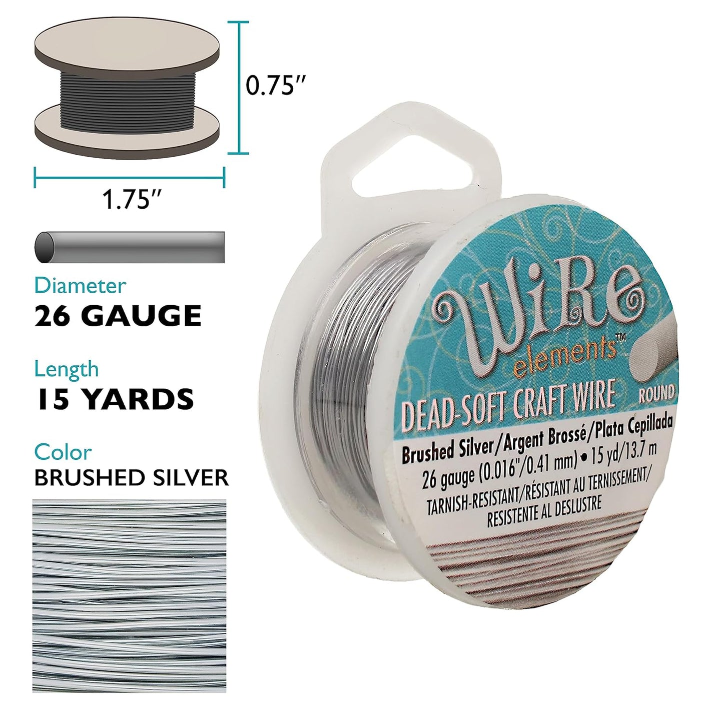 The Beadsmith Wire Elements Craft Wire – Tarnish Resistant, Soft Temper, Round, Brush Silver Color – 0.41mm, 26 Gauge, 15 Yard Spool – Jewelry Making, Wire Wrapping, Floral, & Other DIY Crafts