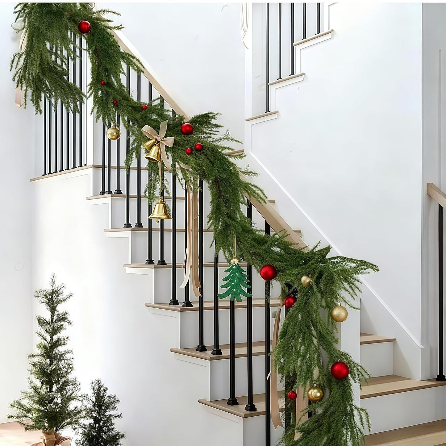 Christmas Decorations Artificial Norfolk Pine Garlands 6FT 4Pcs, Real Touch Winter Pine Garland, Green Artificial Greenery Garland for Table, Mantle, Wall, Indoor, Outdoor Decorations