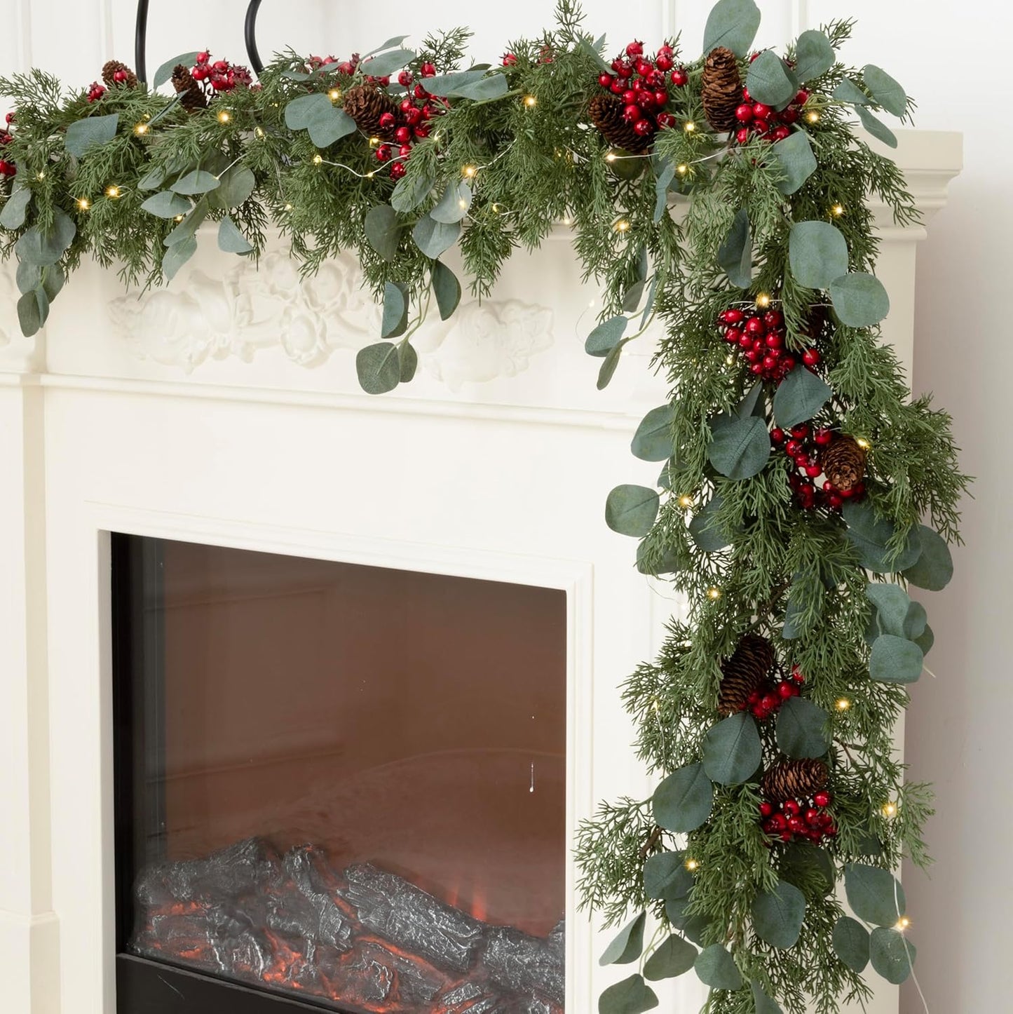 6.3FT Christmas 144 Branch Tips Cedar Garland with LED String Lights, Anna's Whimsy Seasonal Artificial Pine Cypress Garland, Holiday Indoor Outdoor Christmas Decor