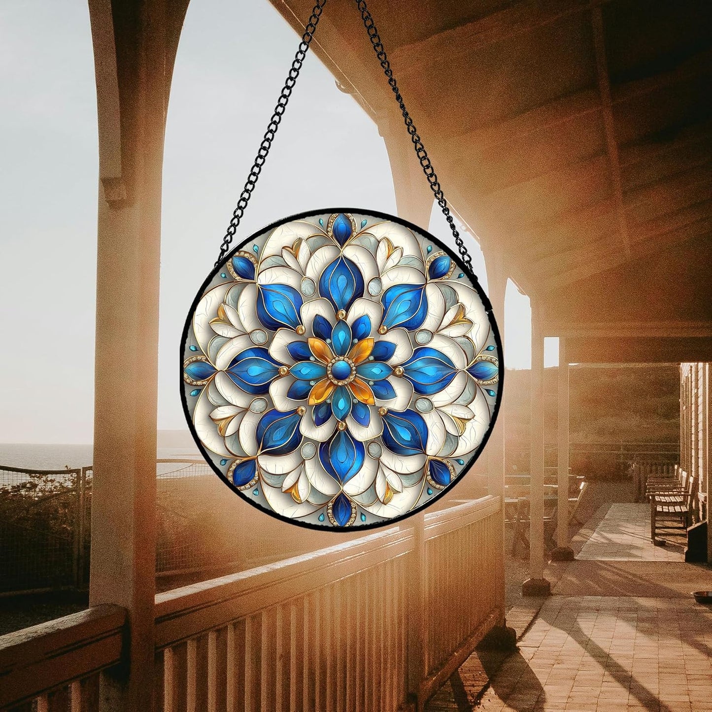 Stained Glass Window Hanging - Blue and White Abstract Flowers Suncatcher for Door Terrace Garden Home Decor, Gold Sun Catcher Birthday Gifts for Lovers Women Men Dad Mom Nana 9.8 in