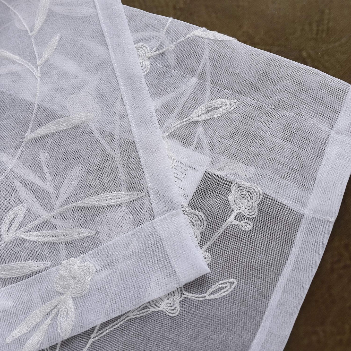 White Sheer Curtains Embroidery 63 Inch Length Rod Pocket Voile Drapes for Living room, Bedroom, Window Treatments Semi Flower Pattern Curtain Panels for Kitchen, Yard, Farmhouse, Set of 2, 52"x 63".