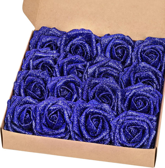 BLEUM CADE 16Pcs Artificial Flowers Fake Roses with Stems, Blue Glitter Boxed Foam Roses for DIY Bouquets Centerpieces Wedding Party Arrangement Bridal Shower Decor