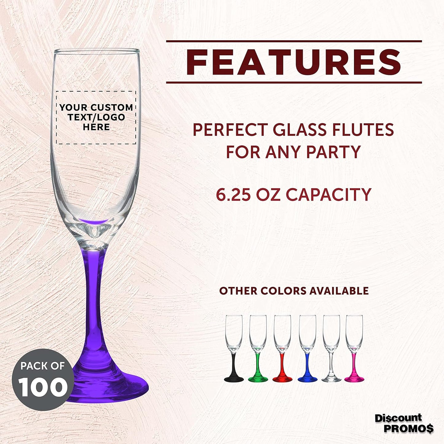 DISCOUNT PROMOS Custom Premiere Champagne Flutes 6.25 oz. Set of 100, Personalized Bulk Pack - Elegant Drinkware for Weddings, Events, & Promotional Gifts - Purple