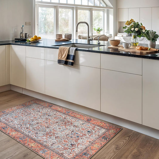 Bloom Rugs Washable Non-Slip 3' x 5' Rug - Orange Traditional Bordered Area Rug for Living Room, Bedroom, Dining Room, and Kitchen - Exact Size: 3' x 5'