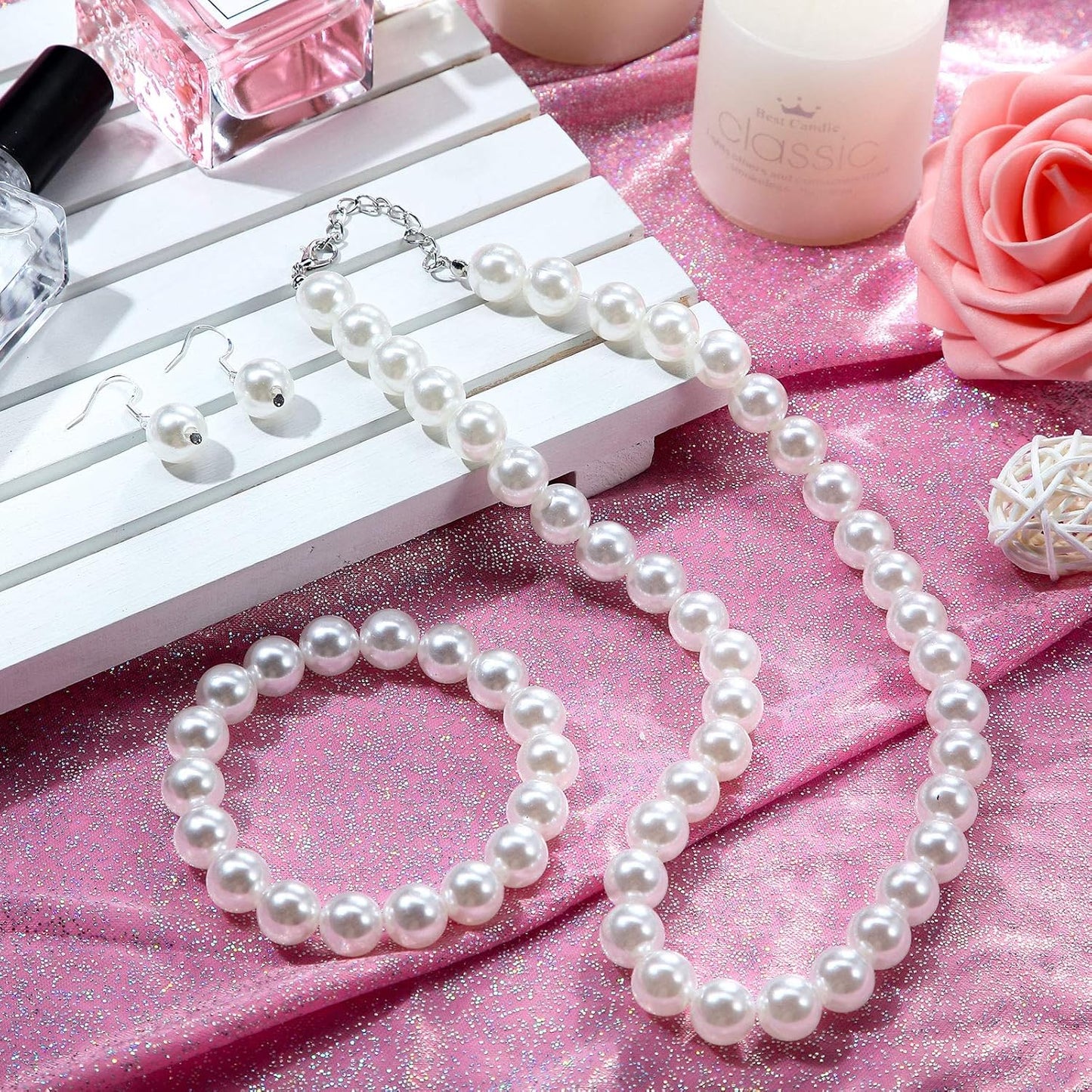 4 Pcs 1920s Faux Pearl Costume Jewelry Set for Women Halloween Simulated Necklace Bracelet Earrings for Wedding