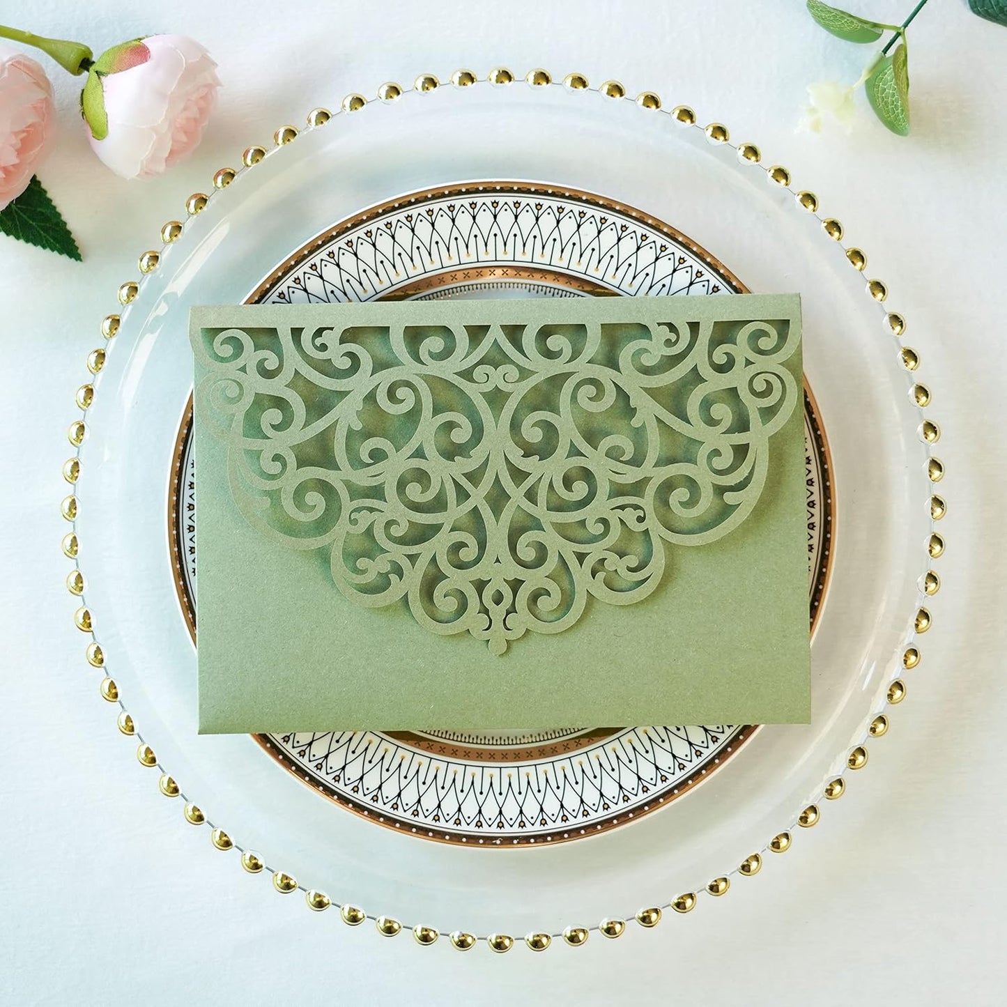 ponatia 5.12 x 7.2 Sage Green Laser Cut Wedding Invitations, 20PCS Tri-Fold 5x7 Trifold Laser Cut Invitation Pockets with Envelopes for Wedding Bridal Shower Engagement (No Inner Sheet)