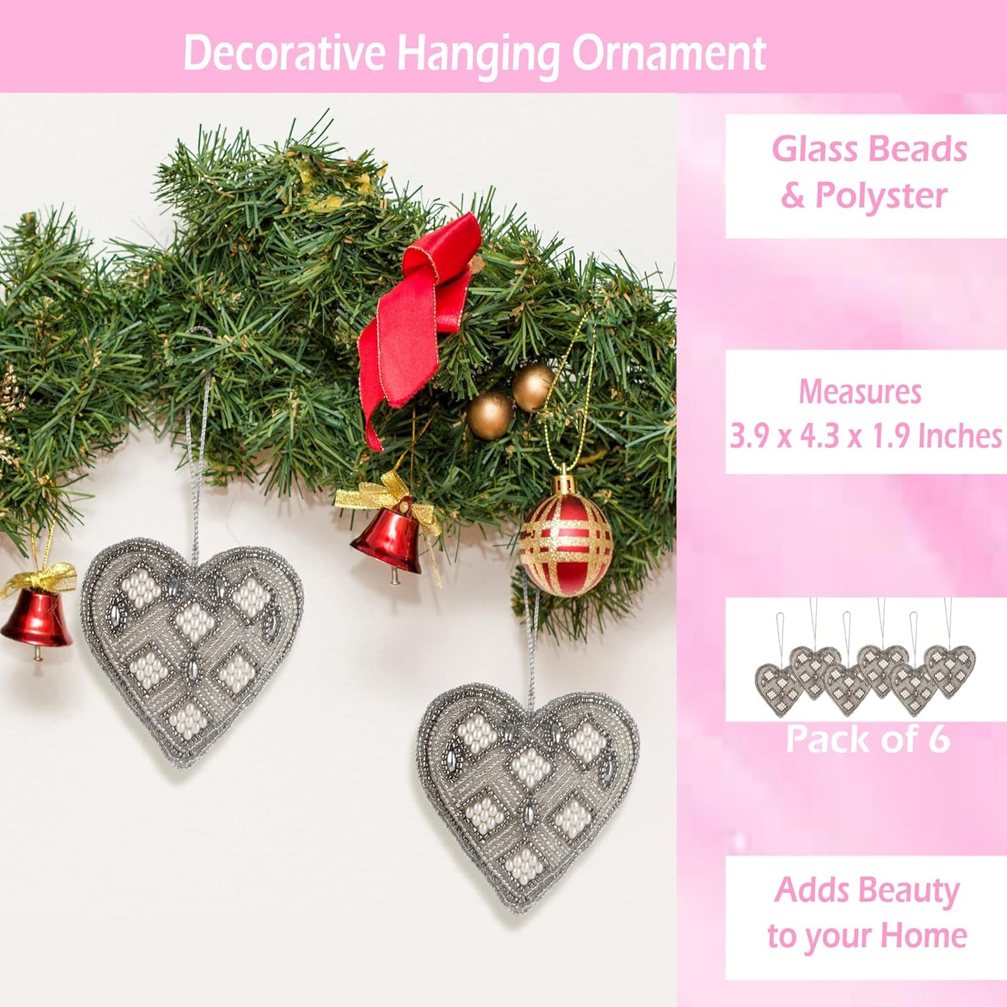 Beaded Heart Hanging Ornaments with Twine - Home Decor Modern Style Beaded Decorative Ornaments for Living Room, Bedroom, Office Desktop, Cabinets - Set of 6 (Grey) - CLEENTABLE