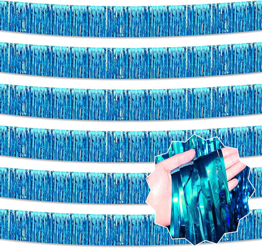 6 Pack 10 Ft Lake Blue Foil Fringe Garland Metallic Streamers Tinsel Banner Wall Hanging Garland Backdrop for Parade Floats, Halloween, Christmas, Thanksgiving, New Year Party Decorations