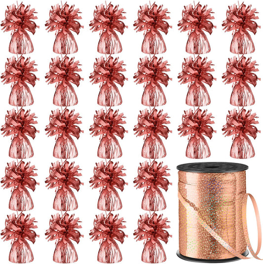 24 Pcs Balloon Weights Metallic Anchor Balloon Holder for Helium Balloons Heavy Table Weights and 1 Roll Iridescent Crimped Ribbon for Birthday Wedding Halloween Christmas Party(Rose Gold)