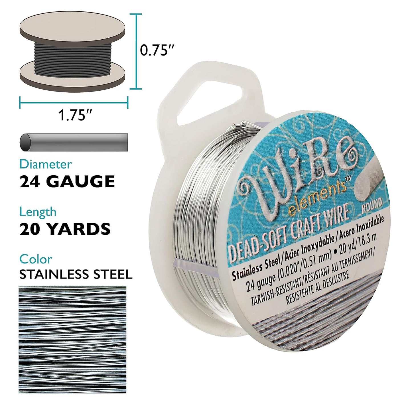 The Beadsmith Wire Elements Craft Wire – Tarnish Resistant, Soft Temper, Round, Stainless Steel Color – 0.51mm, 24 Gauge, 20 Yard Spool – Jewelry Making, Wire Wrapping, Floral, & Other DIY Crafts…