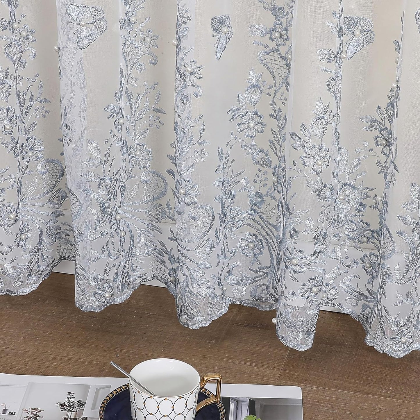 VISIONTEX White Sheer Voile Curtains, Decorative Blue Embossed Butterflies Rod Pocket Window Drapes for Home Kitchen, Living Room and Bedroom 54 x 95 Inch, Set of 2 Curtain Panels