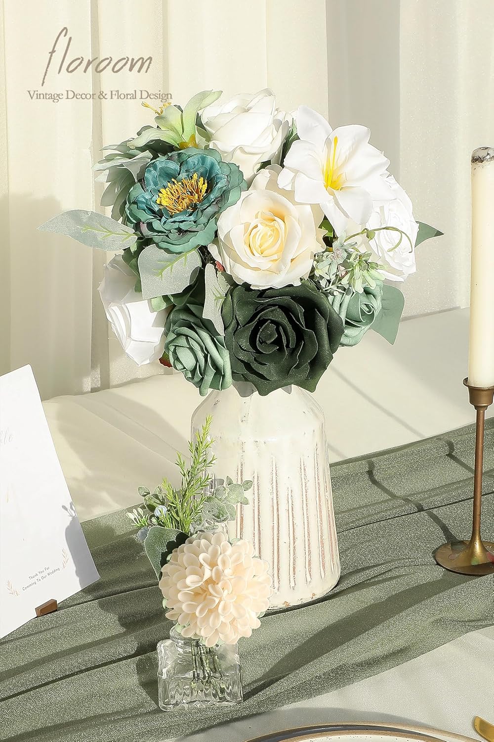 Floroom Sage Green Artificial Flowers Fake Roses Peonies Dahlia Greenery Combo Box Set for DIY Wedding Bouquets Bridal Shower Centerpieces Floral Arrangements Party Tables Home Decoration