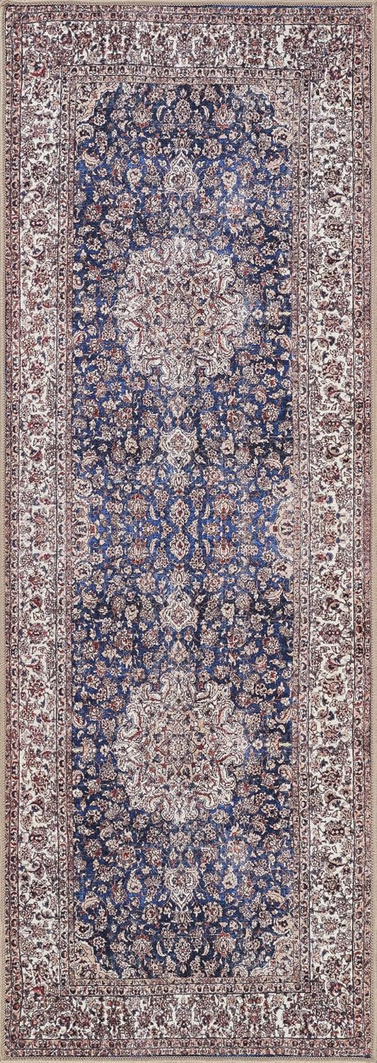 Bloom Rugs Washable Non-Slip 12 ft Runner - Dark Blue/Beige Traditional Medallion Runner for Entryway, Hallway, Bathroom, and Kitchen - Exact Size: 2.5' x 12'