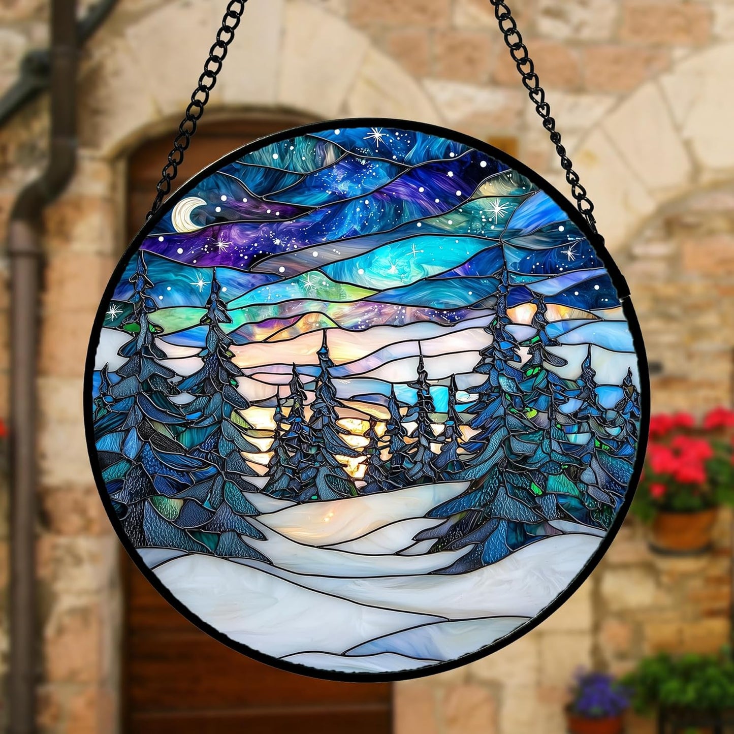 Stained Glass Window Hanging, Starry Sky Trees and Snow Sun Catchers Glass Panel Blue Suncatcher Decor for Birthday for Women, Men, Wife, Aunt, and Mom 9.8 in