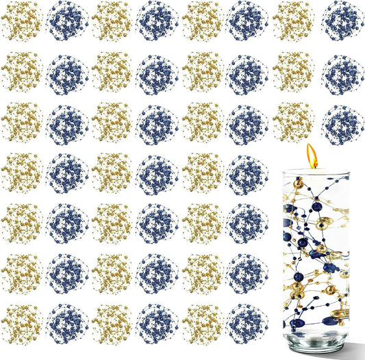 50 PCS Artificial Floating Beads for Centerpieces & Vase Fillers - Navy Blue&Gold 8+3mm String Beads, Faux Pearl Strings for Wedding, Party, Crafts, and Home Decoration