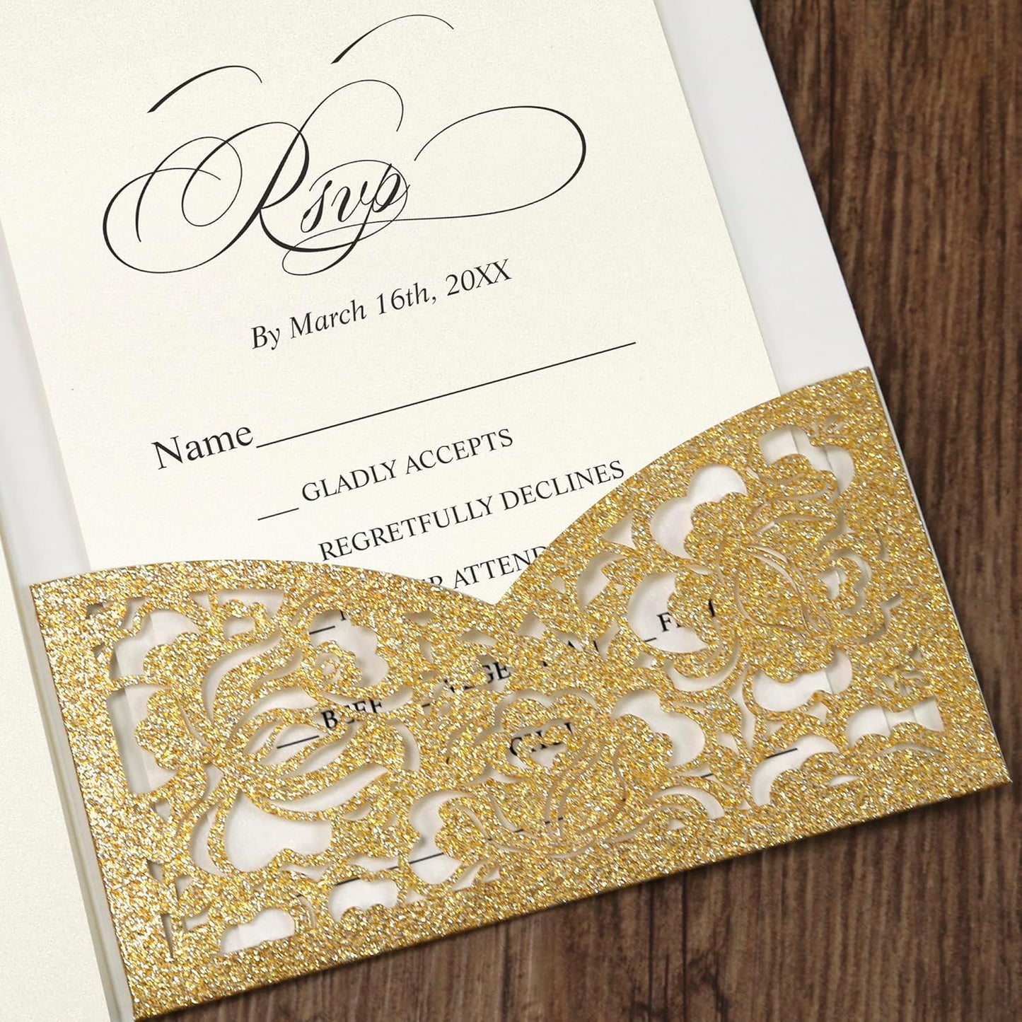 DORIS HOME 50pcs Laser Cut Wedding Invitation Pockets with Envelopes Gold Glitter, 5.12" x 7.12"Invitation Cards for Wedding, Anniversary (No Inserts Included)
