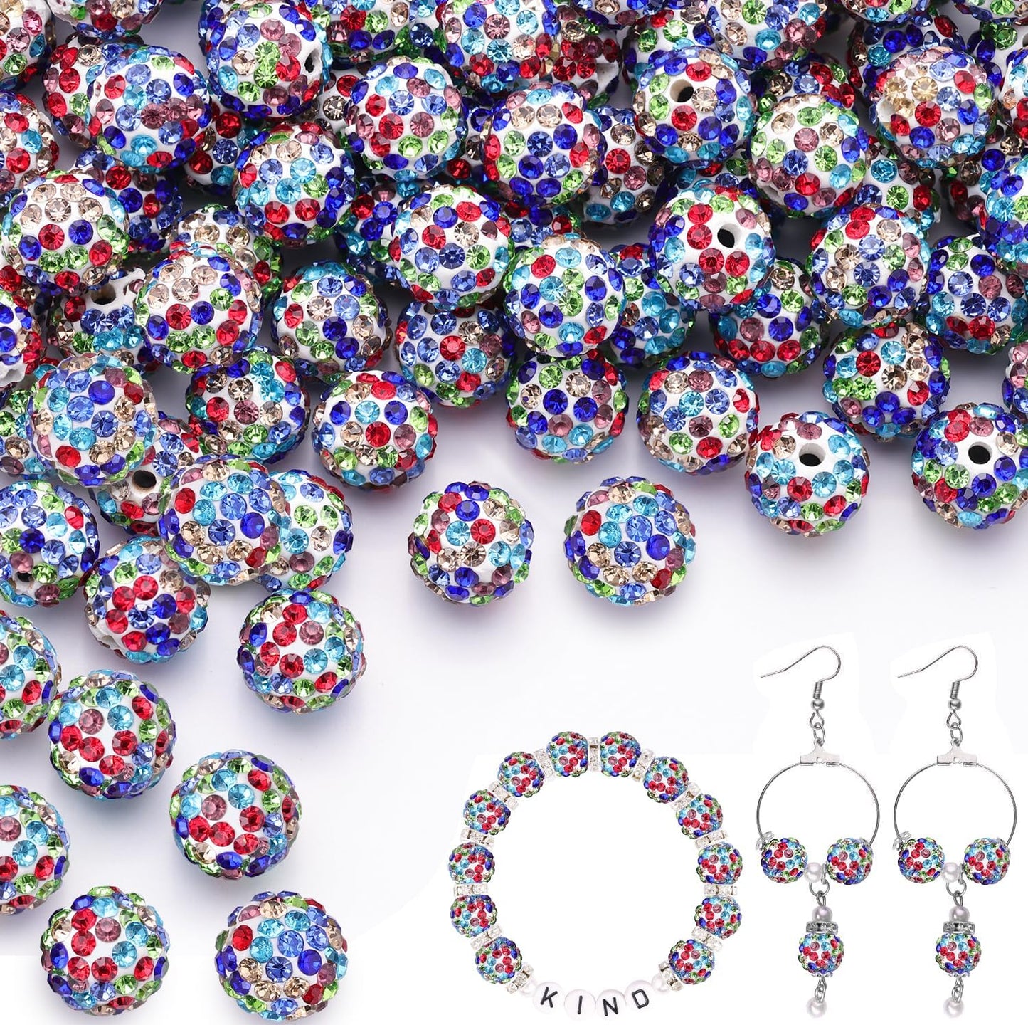 200pcs 10mm White Mixed Rhinestone Beads for Jewelry Making, Shiny Round Shamballa Disco Ball Beads, Sparkle Crystal Clay Christmas for Bracelet Baseball Necklace Earring Crafting and DIY