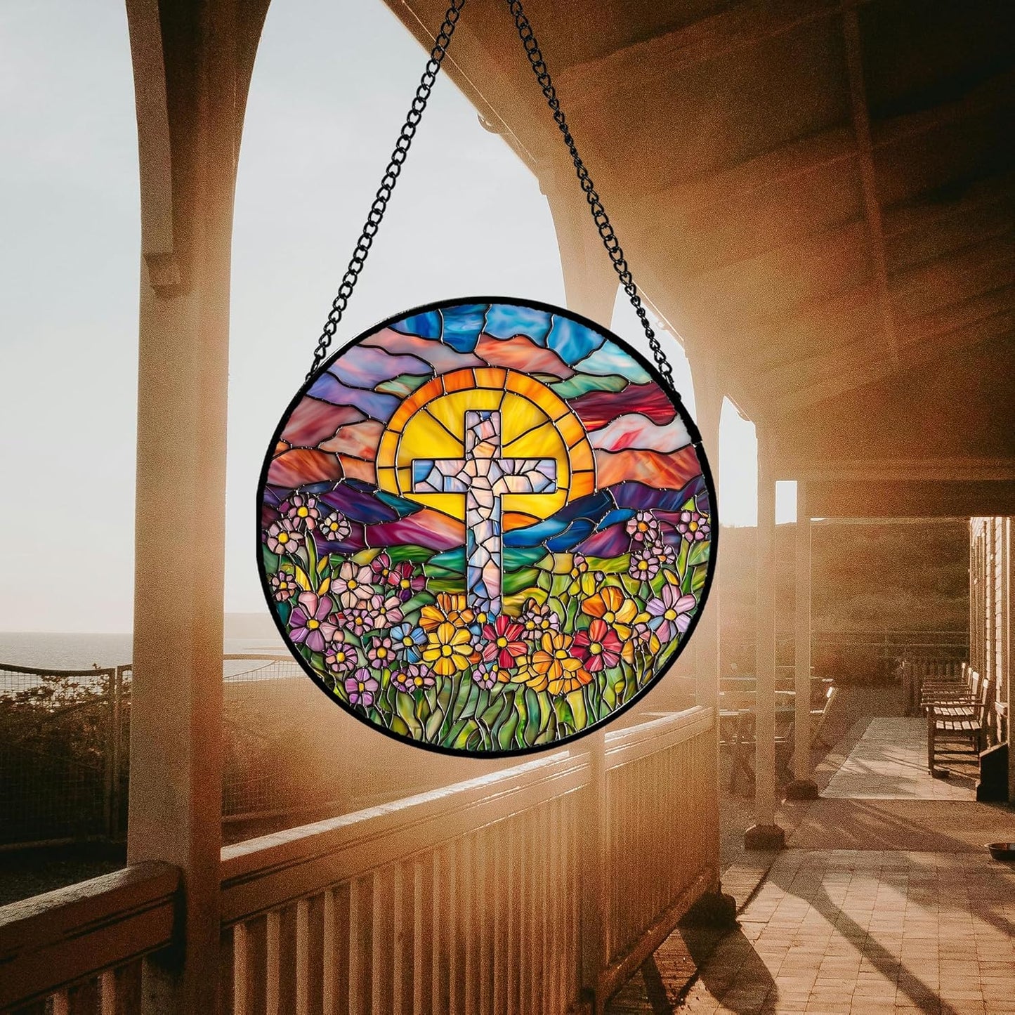 Stained Glass Window Hanging - Cross Flower Sea Sun Catcher for Door Terrace Garden Home Decor, Mountains Landscape Suncatcher Birthday Gifts for Lovers Women Men Dad Mom Nana 15 in