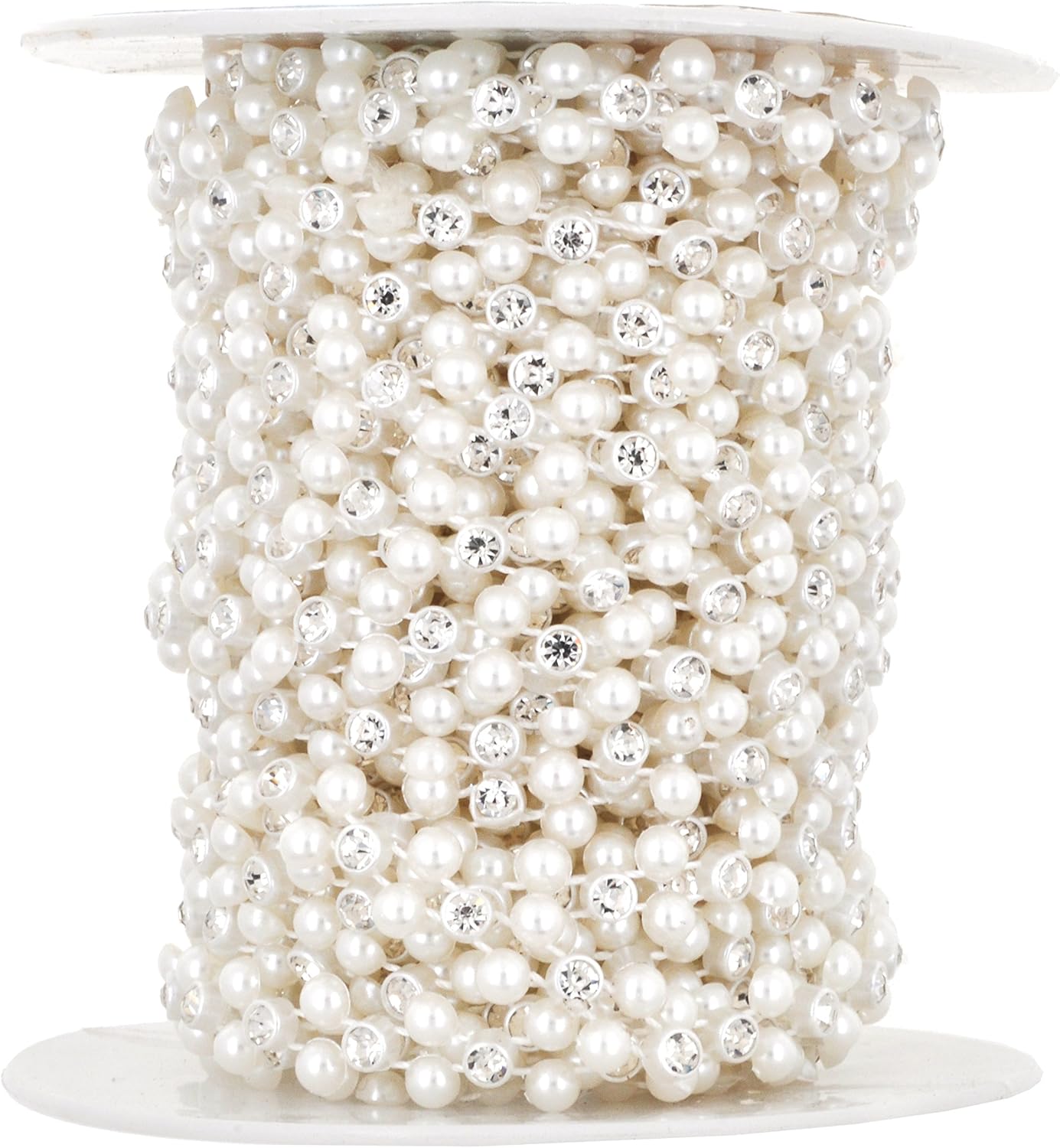 Mandala Crafts 0.25 Inch Crystal Faux White Pearl Beads Roll - 10 Yards Strand of Rhinestones Fake Pearls Chain Garlands Spool String for Christmas Tree, Wedding, Party, Vases, DIY Decoration