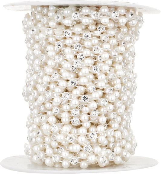 Mandala Crafts 0.25 Inch Crystal Faux White Pearl Beads Roll - 10 Yards Strand of Rhinestones Fake Pearls Chain Garlands Spool String for Christmas Tree, Wedding, Party, Vases, DIY Decoration