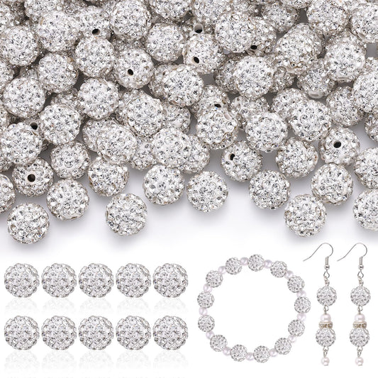 200pcs 10mm Rhinestone Beads for Jewelry Making, White Shiny Round Disco Ball Beads Bulk, Sparkle Crystal Clay Christmas for Bracelet Baseball Necklace Earring Crafting and DIY