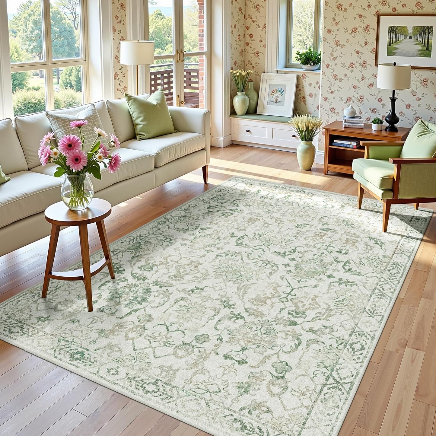 Light Green Area Rugs 5x8 for Living Room, Washable Vintage Rugs for Bedroom, Non Slip Throw Carpet for Bedroom Dining