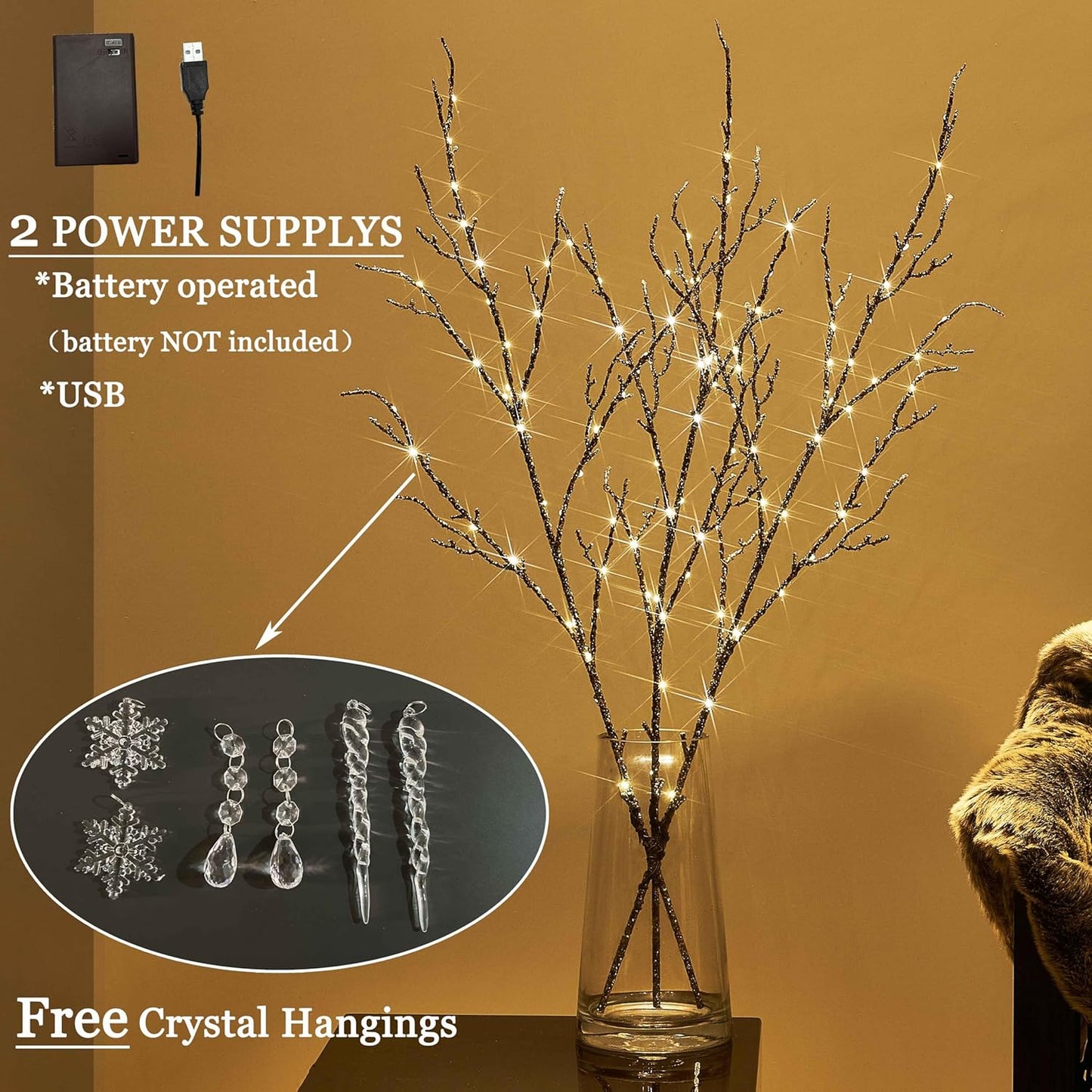 Hairui Lighted Willow Branches Silver Glittered 32IN 120 LED Fairy Lights with Timer, Twig Branch with Lights Battery Operated or USB Plug in for Home Fireplace Room Christmas Holiday Decoration