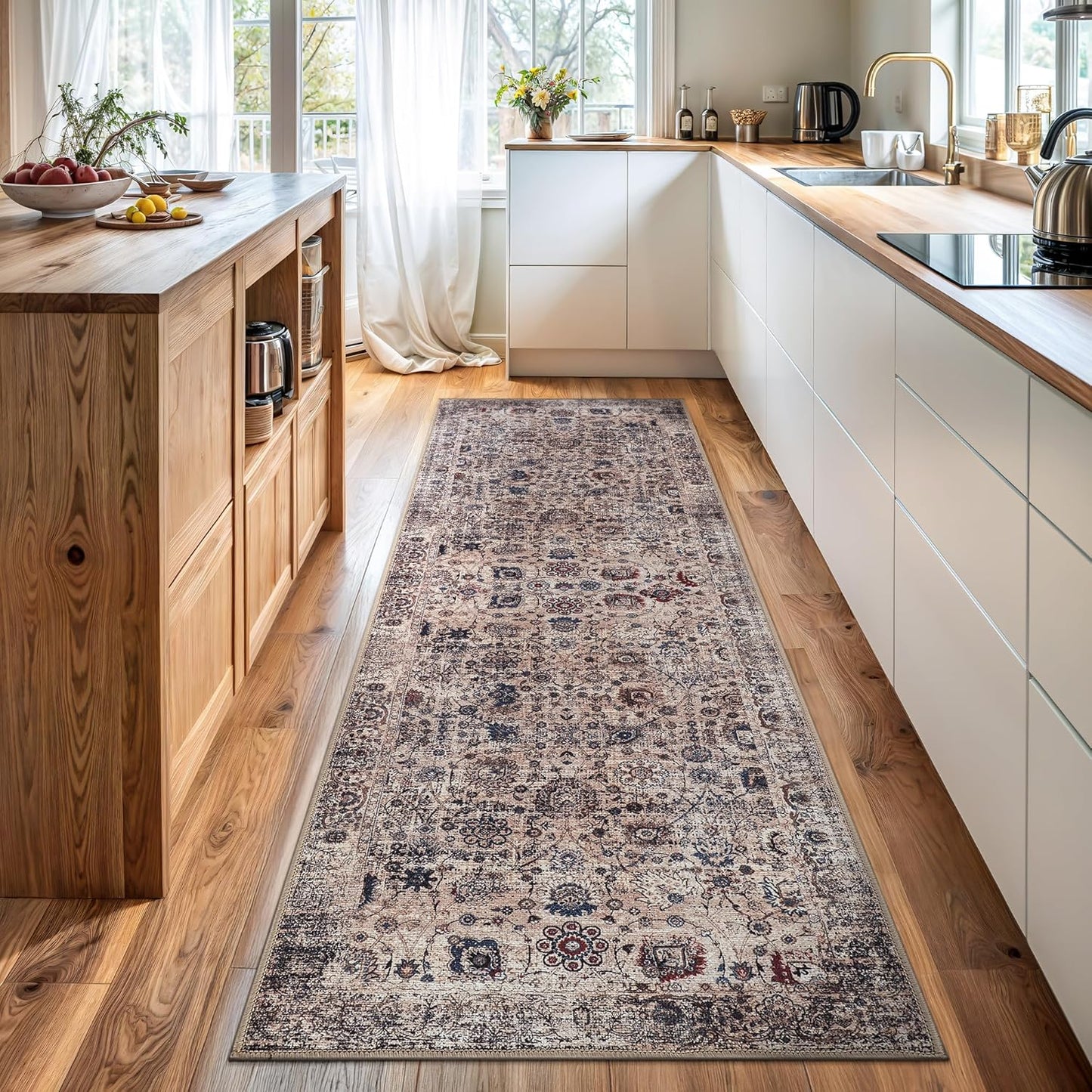 Bloom Rugs Washable Non-Slip 12 ft Runner - Light Tan/Blue Traditional Oriental Runner for Entryway, Hallway, Bathroom, and Kitchen - Exact Size: 2.5' x 12'