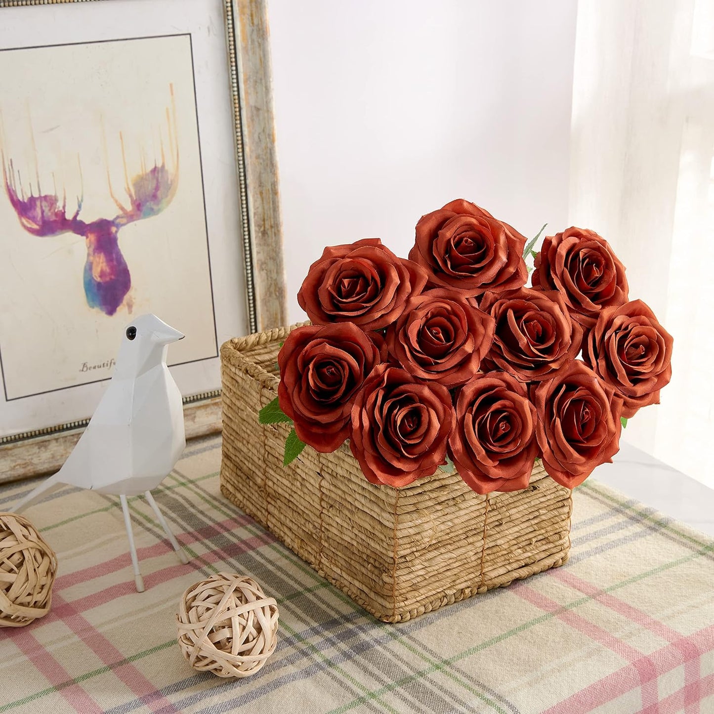Artificial Rose 10pcs Open Flower Bouquet Faux Rose Stems for Wedding Arrangement, Bridal Bouquet, Centerpiece, Fake Faux Silk Flowers (Burnt Orange)