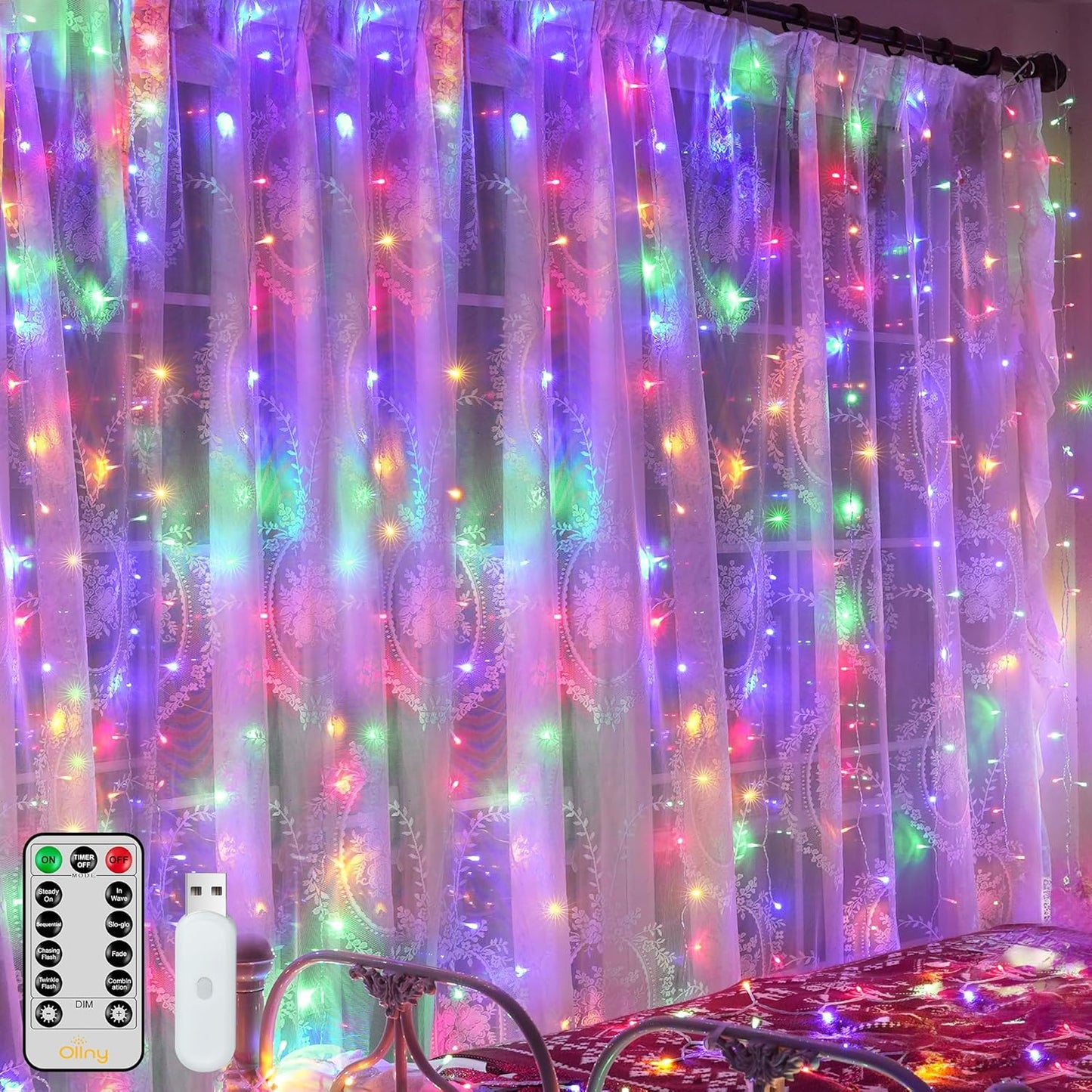 Ollny Curtain Lights 200LED 6.6x6.6ft, USB Multicolor Christmas Curtain Lights with Remote 8 Modes Timer, Waterproof String Lights for Bedroom Backdrop Window Indoor Outdoor
