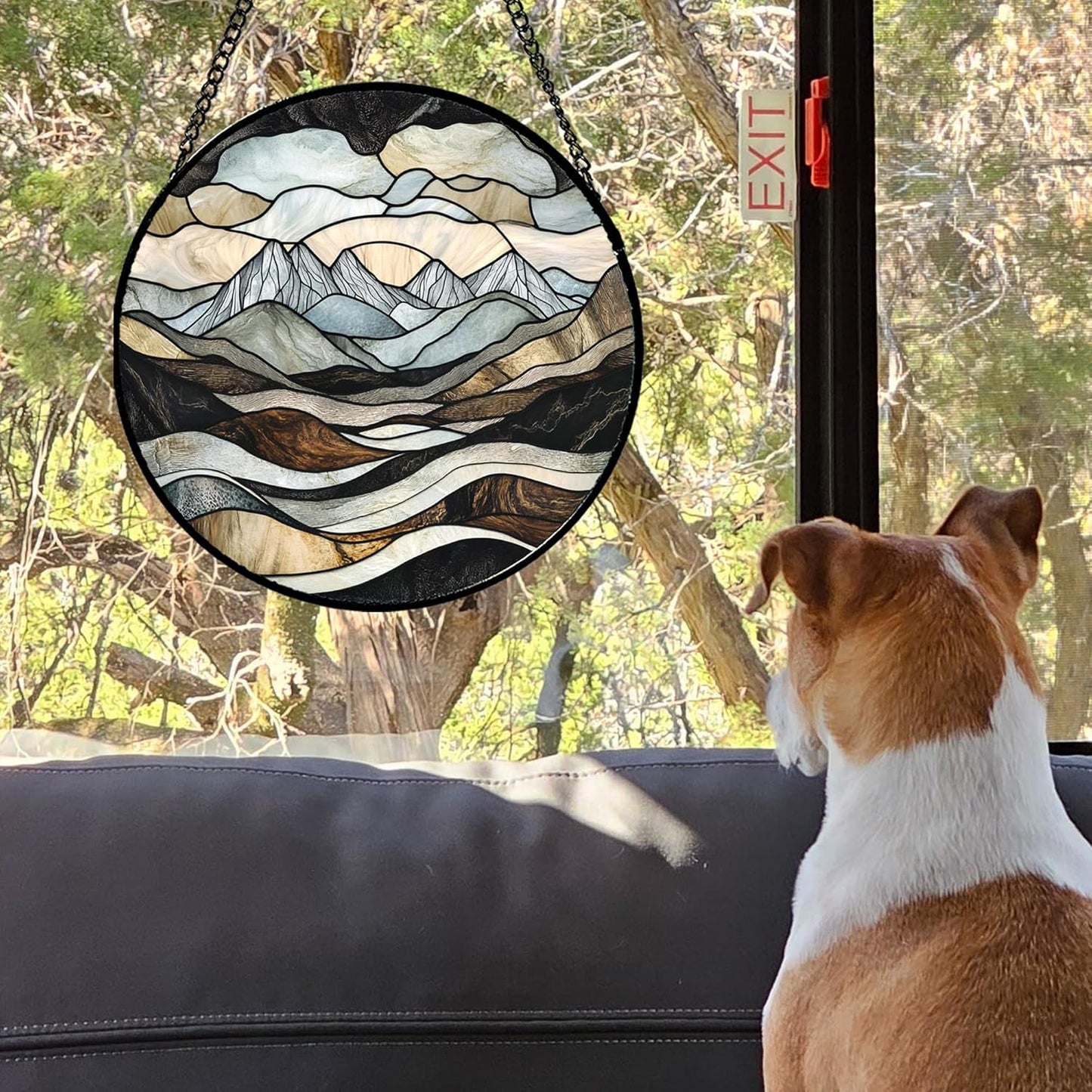 Stained Glass Window Hanging - Grey Mountains Landscape Suncatcher for Doors Garden Patio Retro Sun Catchers Decor Christmas Mother's Day Birthday Gifts for Women Men Mom Nana Friend 7.8 in