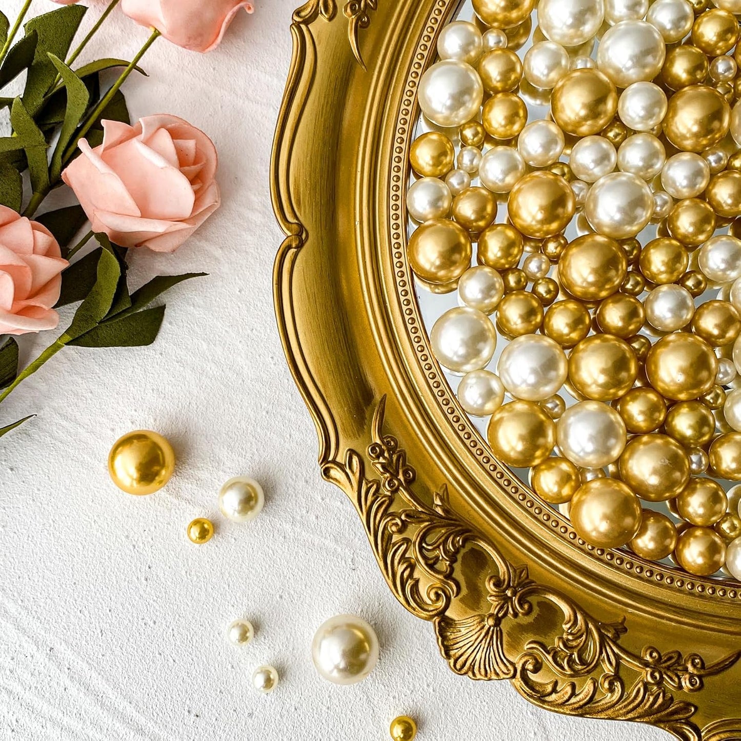 120 PCS 8/14/20mm No Hole Polish Pearl Beads for Centerpiece, Cream Gold Beads Decorative Vase Fillers, Plastics Pearls for Vases, Table Scatters, Wedding Party Decor