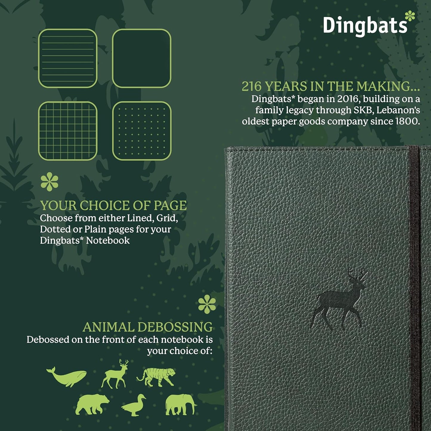 Dingbats* Wildlife Plain Writing Journal Notebook A5 - Vegan Leather Hardcover - Ideal for Work, Travel - Pocket, Elastic Closure, & Bookmark