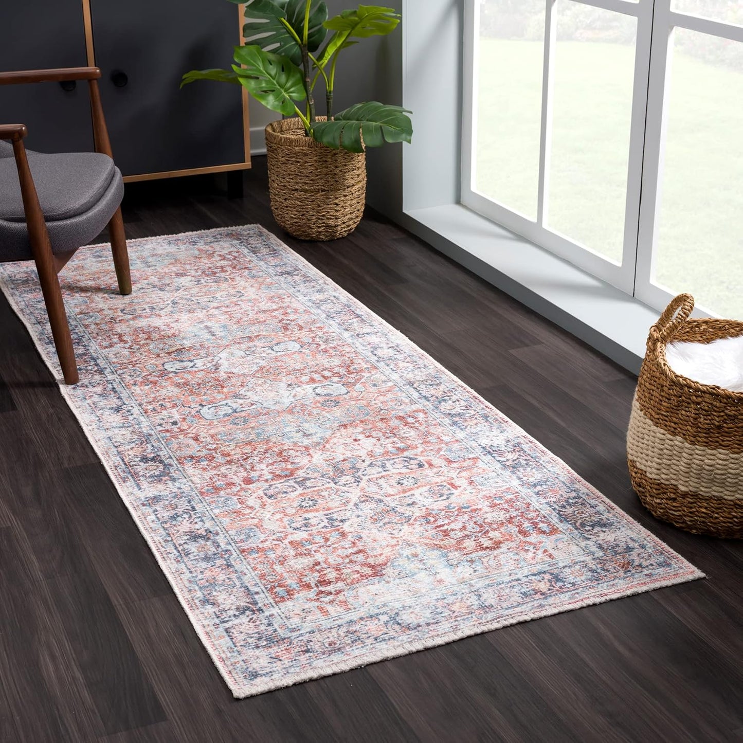 Bloom Rugs Caria Washable Non-Slip 7 ft Runner - Brick/Dark Blue Traditional Runner for Entryway, Hallway, Bathroom, and Kitchen - Exact Size: 2'6" x 7'