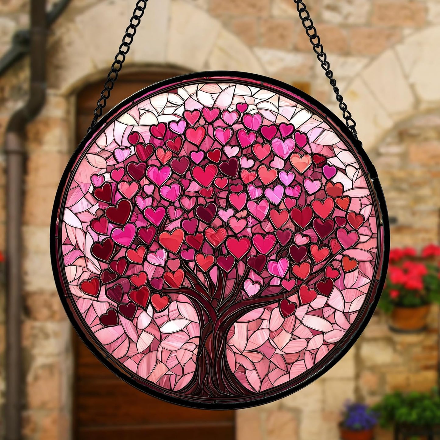 Stained Glass Window Hanging, Pink Love Tree of Life Sun Catchers Colorful Glass Panel Suncatcher Decor for Birthday for Women, Men, Wife, Lovers, and Mom 9.8 in