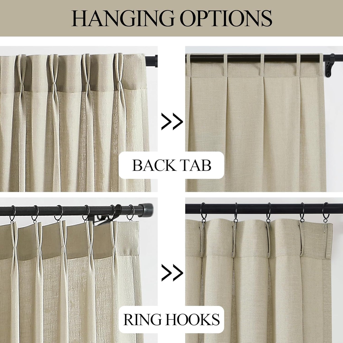 Vision Home Sand Pinch Pleated Semi Sheer Curtains Textured Linen Blended Light Filtering Window Curtains 102 inch for Living Room Bedroom Pinch Pleat Drapes with Hooks 2 Panels 40"Wx102"L,Camel Beige