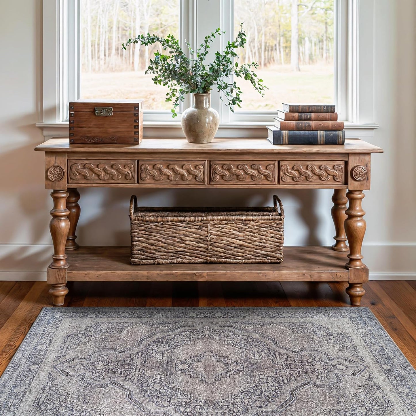 Bloom Rugs Washable Non-Slip 3' x 5' Rug - Blue/Steel Gray/Beige Traditional Medallion Area Rug for Living Room, Bedroom, Dining Room, and Kitchen - Exact Size: 3' x 5'