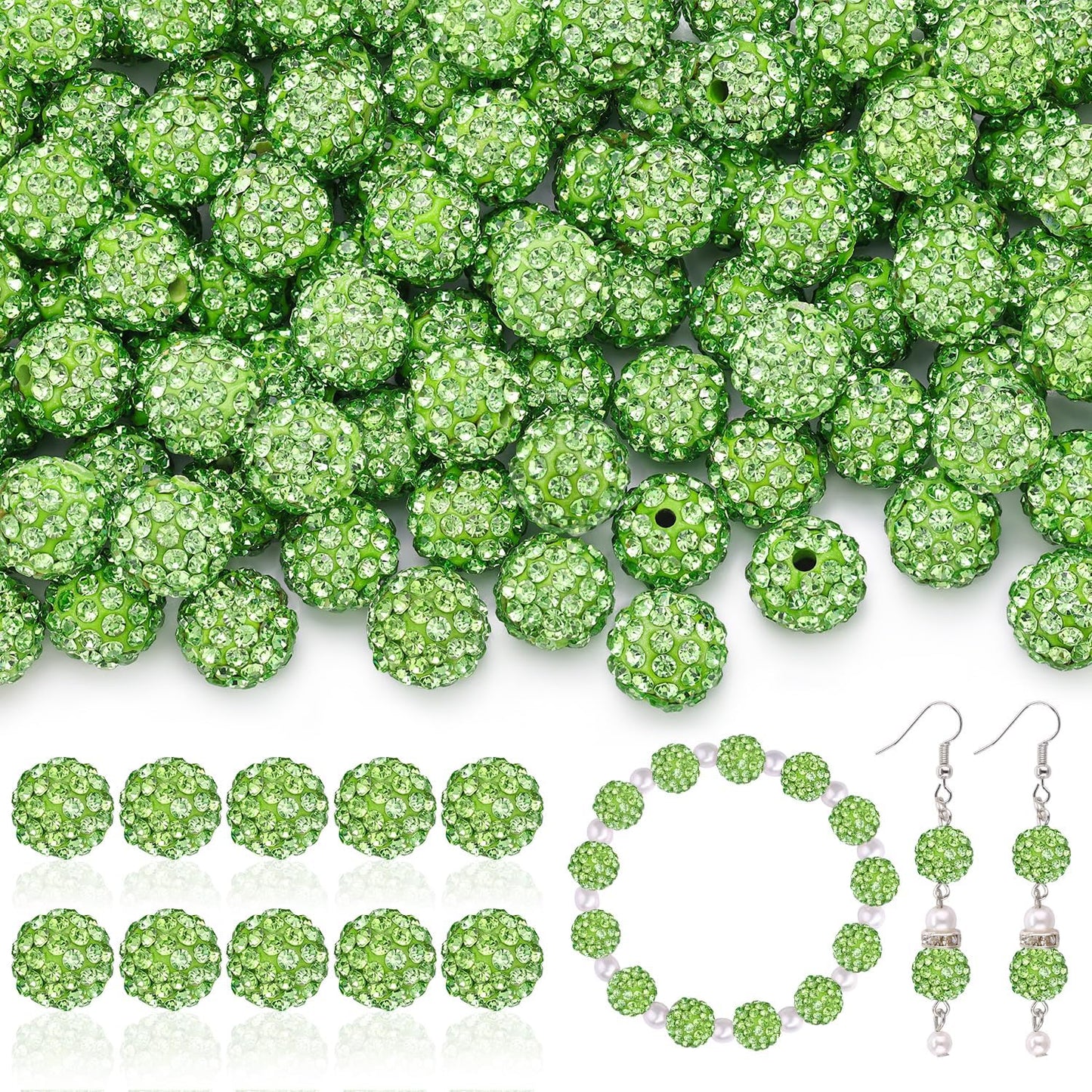 105pcs 10mm Rhinestone Beads for Jewelry Making, Light Green Shiny Round Disco Ball Beads Bulk, Sparkle Crystal Clay Christmas for Bracelet Baseball Necklace Earring Crafting and DIY