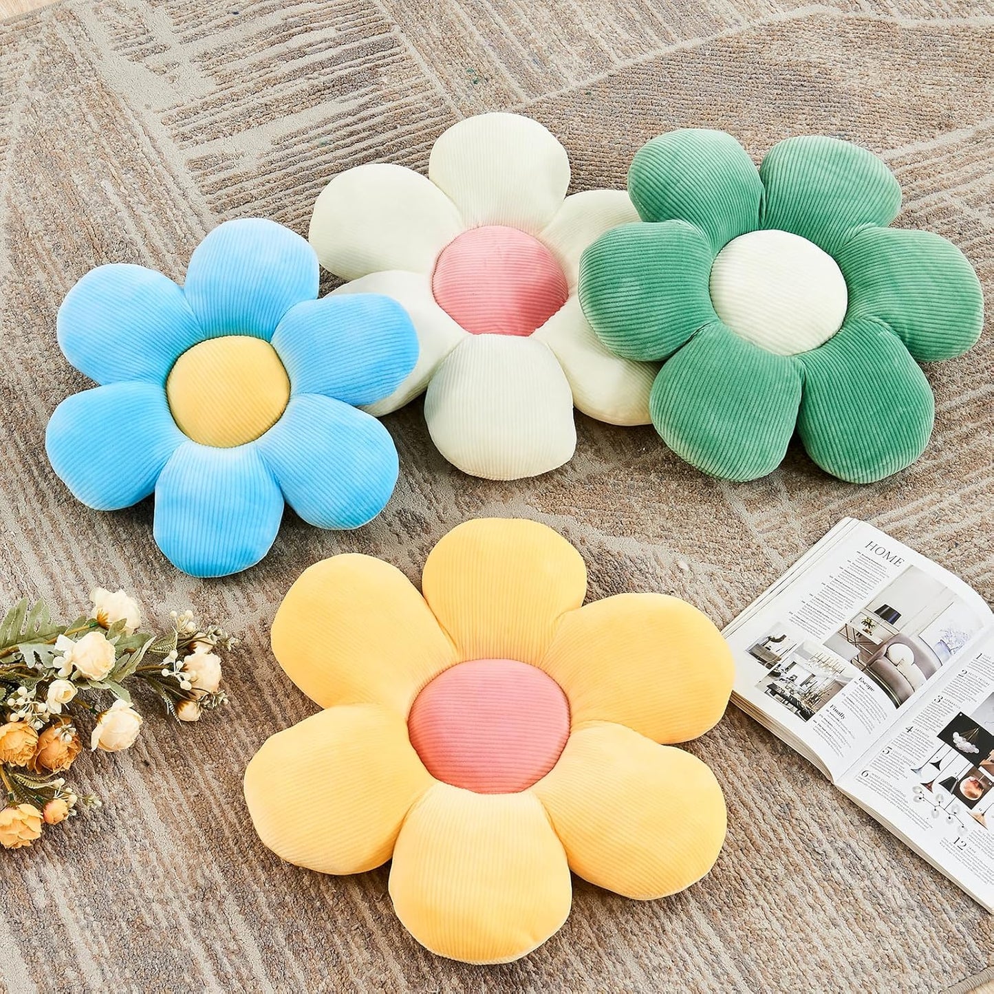 Sage Green Flower Pillow, 14.9" Cute Flower Shaped Floor Pillow, Aesthetic Floral Plush Daisy Decorative Throw Pillows for Bed Sofa Couch