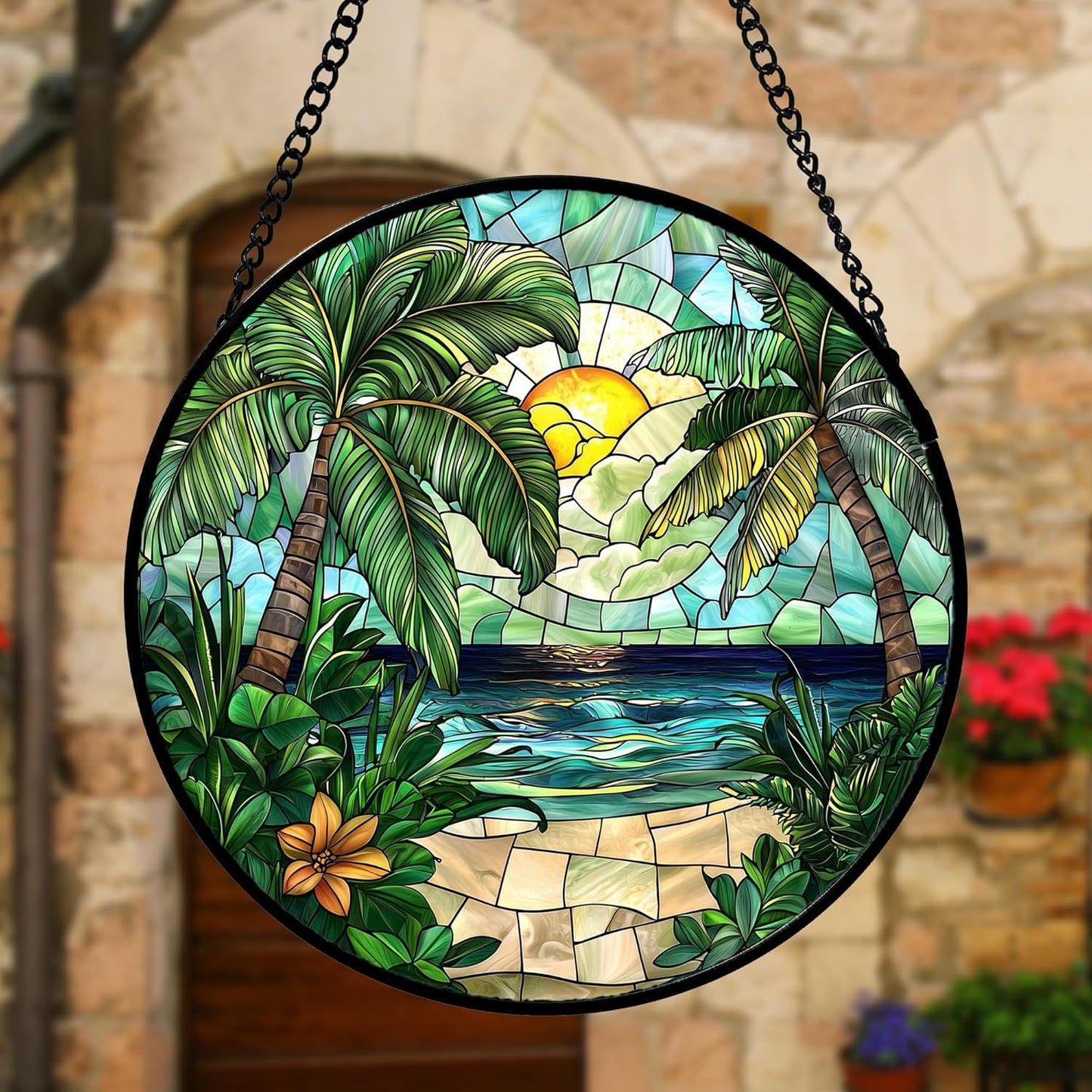 Stained Glass Window Hanging, Green Beach Scenery Suncatcher Diamond Glass Panel Hangings Sun Catchers Decor for Birthday for Women, Men, Wife, Aunt, and Mom 6.3 in