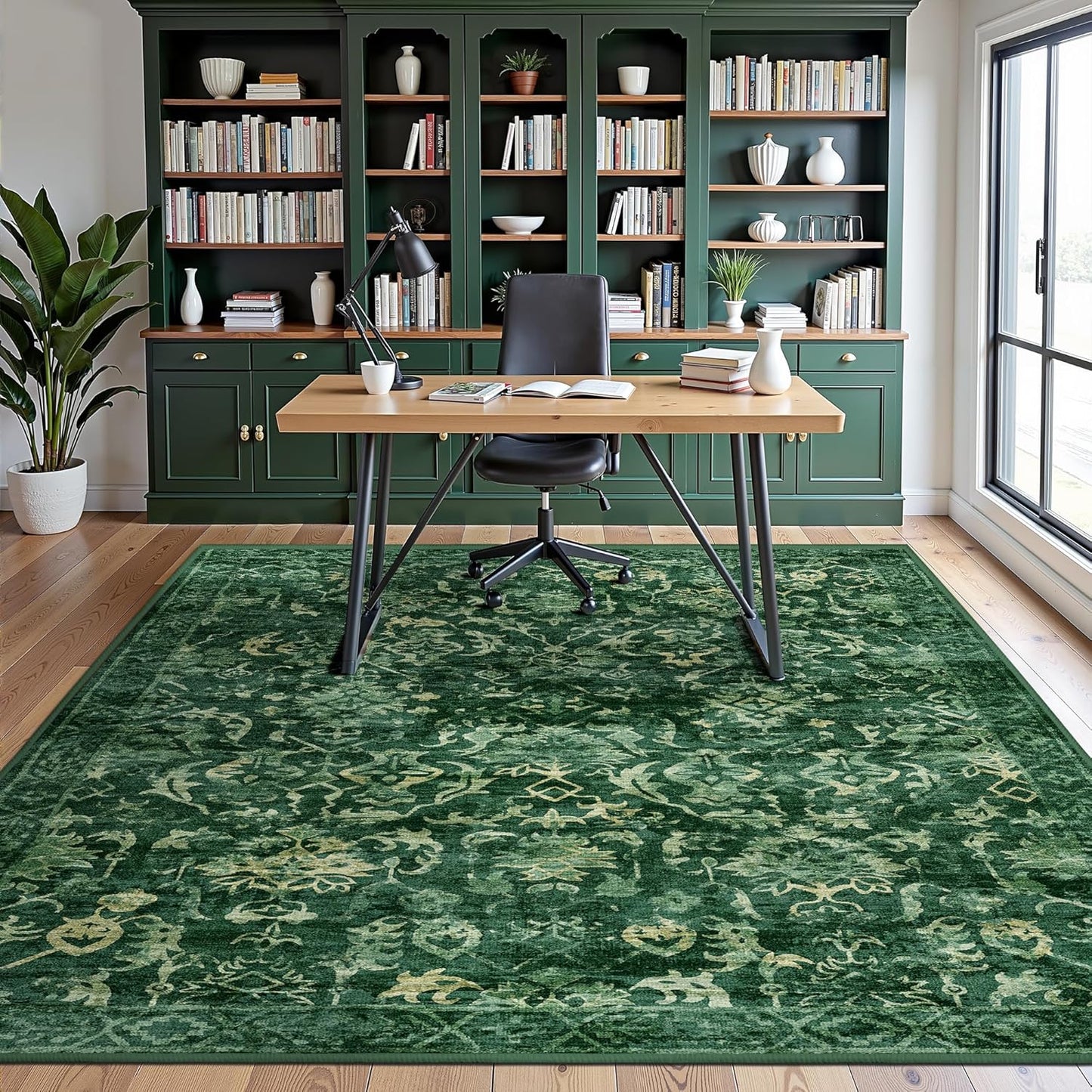 Deep Green Area Rugs 6x8 Rugs for Living Room, Washable Vintage Rugs for Bedroom, Distressed Throw Rug, Non Slip Rug Floral Carpet Green Area Rug for Bedroom Dining