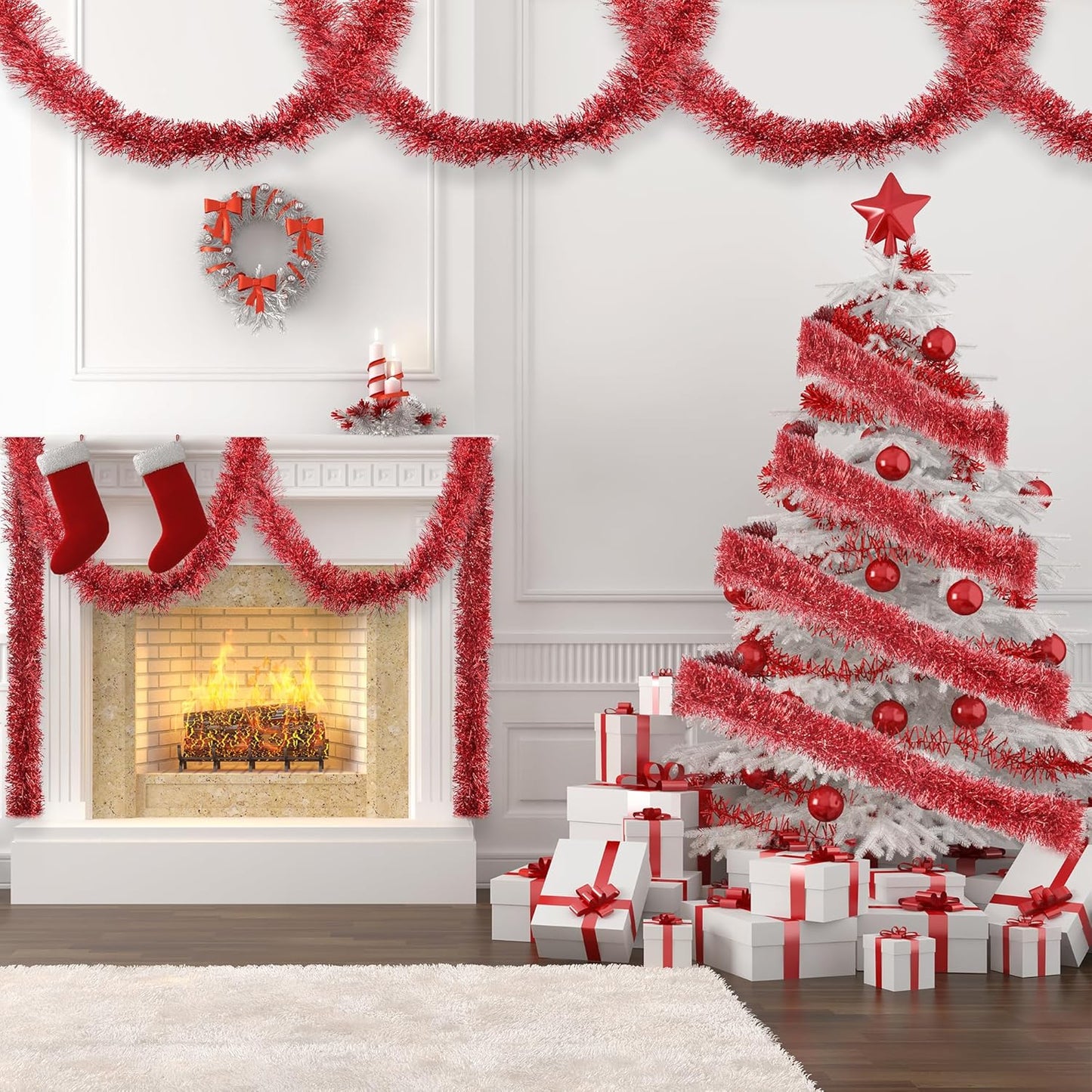 32.8 Ft Red Christmas Tinsel Garland Metallic Shiny Tassle Banner Wall Hanging Tinsel Streamers Backdrop for Christmas Holiday Birthday Party Supplies Indoor Outdoor Ornaments Home Decor